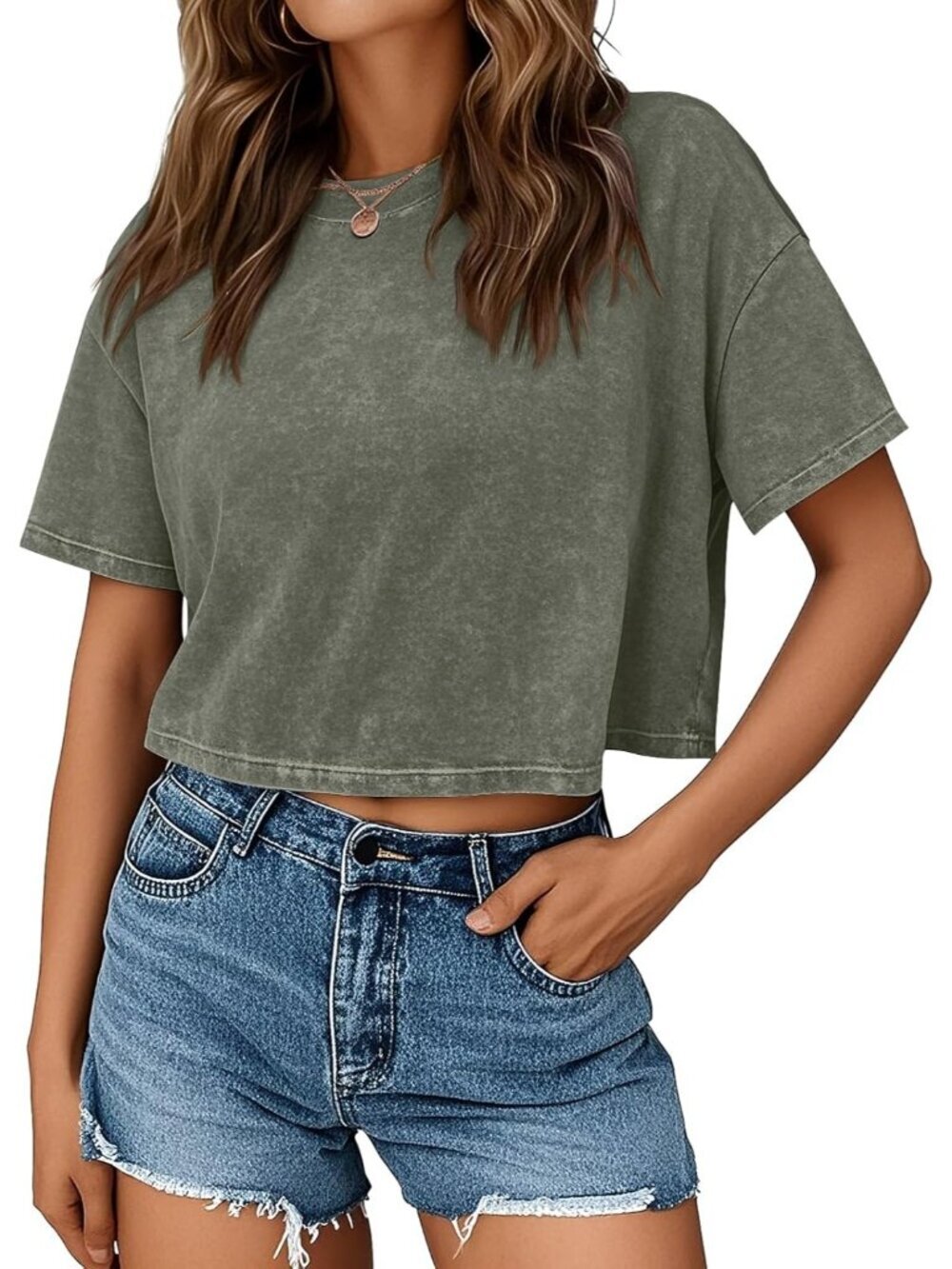 Women's Grey Green Short Sleeve ACID Wash Casual Summer Baggy Cotton Crop Tops
